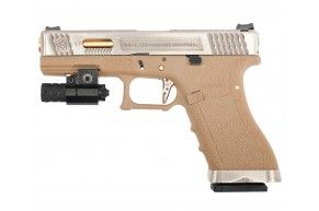 Страйкбольный пистолет WE Glock 17 G-Force (Tan, хром, Gas, позолоченный ствол, WE-G001WET-4)