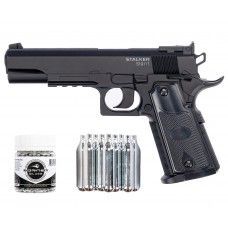 Пистолет пневматический Stalker S1911T комплект Hunter подарочный №1 (4.5 мм, Colt 1911, 10 баллонов, 500 шаров)