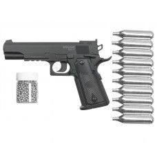 Пистолет пневматический Stalker S1911T комплект Hunter подарочный №1 (4.5 мм, Colt 1911, 10 баллонов, 500 шаров)