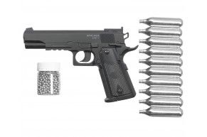 Пистолет пневматический Stalker S1911T комплект Hunter подарочный №1 (4.5 мм, Colt 1911, 10 баллонов, 500 шаров)
