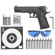 Пистолет пневматический Stalker S1911T комплект Hunter подарочный №2 (4.5 мм, Colt 1911, 10 баллонов, 500 шаров, 50 мишеней, очки)