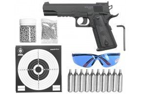 Пистолет пневматический Stalker S1911T комплект Hunter подарочный №2 (4.5 мм, Colt 1911, 10 баллонов, 500 шаров, 50 мишеней, очки)