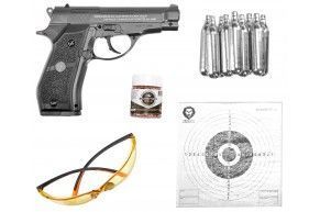 Пистолет пневматический Stalker S84 комплект Hunter подарочный №2 (4.5 мм, Beretta M84, 10 баллонов, 500 шаров, очки, 50 мишеней)