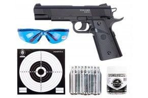Пистолет пневматический Stalker S1911G комплект Hunter подарочный №2 (4.5 мм, Colt 1911, 10 баллонов, 500 шаров, очки, 50 мишеней)