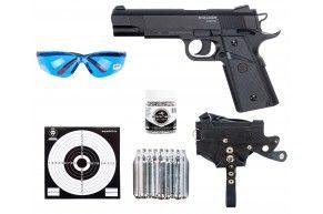 Пистолет пневматический Stalker S1911G 4.5 мм комплект Hunter подарочный №3 (Colt 1911, 10 баллонов, 500 шаров, очки, 50 мишеней, кобура)