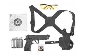 Пистолет пневматический Stalker S92ME 4.5 мм комплект Hunter подарочный №3 (Beretta 92, 10 баллонов, 500 шаров, 50 мишеней, очки, кобура)