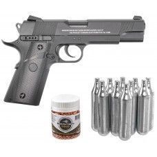 Пистолет пневматический Stalker S1911RD комплект Hunter подарочный №1 (4.5 мм, Colt, Blowback, 10 баллонов, 500 шаров)