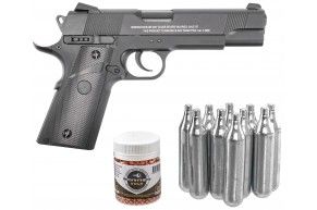 Пистолет пневматический Stalker S1911RD комплект Hunter подарочный №1 (4.5 мм, Colt, Blowback, 10 баллонов, 500 шаров)