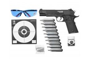 Пистолет пневматический Stalker S1911RD комплект Hunter подарочный №2 (4.5 мм, Colt, Blowback, 10 баллонов, 500 шаров, 50 мишеней, очки)