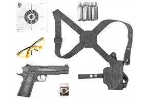 Пистолет пневматический Stalker S1911RD комплект Hunter подарочный №3 (4.5 мм, Colt, Blowback, 10 баллонов, 500 шаров, 50 мишеней, очки, кобура)