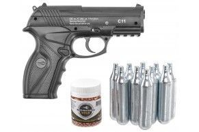 Пневматический пистолет Borner C11 комплект Hunter подарочный №1 (4.5 мм, 10 баллончиков, 500 шариков, пластик)