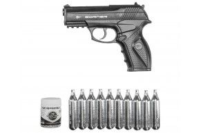 Пневматический пистолет Borner C11 комплект Hunter подарочный №1 (4.5 мм, 10 баллончиков, 500 шариков, пластик)