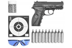 Пневматический пистолет Borner C11 комплект Hunter подарочный №2 (4.5 мм, 10 баллончиков, 500 шариков, 50 мишеней, очки, пластик)