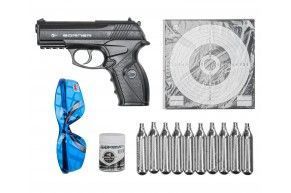 Пневматический пистолет Borner C11 комплект Hunter подарочный №2 (4.5 мм, 10 баллончиков, 500 шариков, 50 мишеней, очки, пластик)