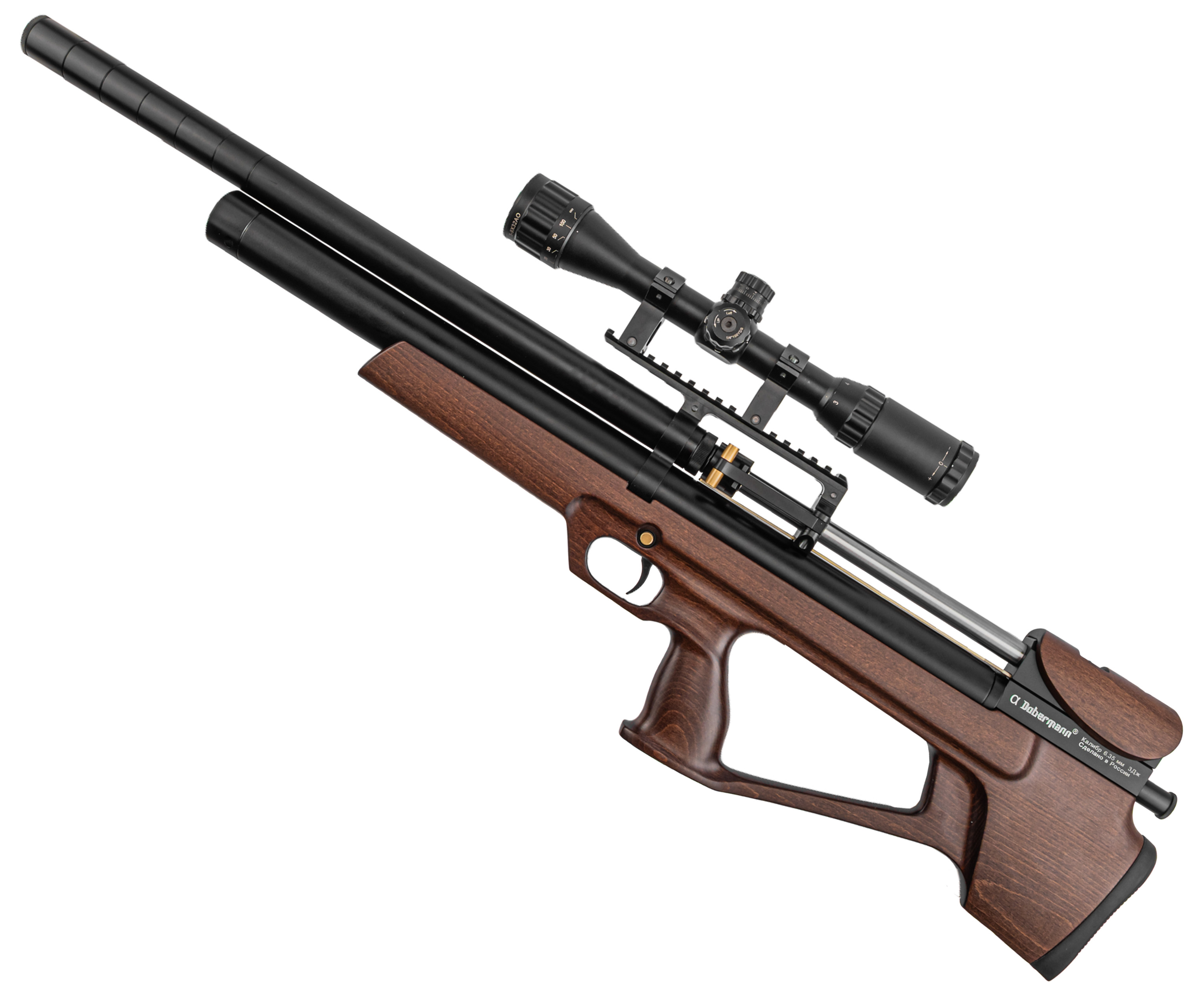 Пневматическая винтовка Alfa Dobermann Буллпап 6.35 мм (600 мм, полигональные нарезы, дерево, передний взвод)
