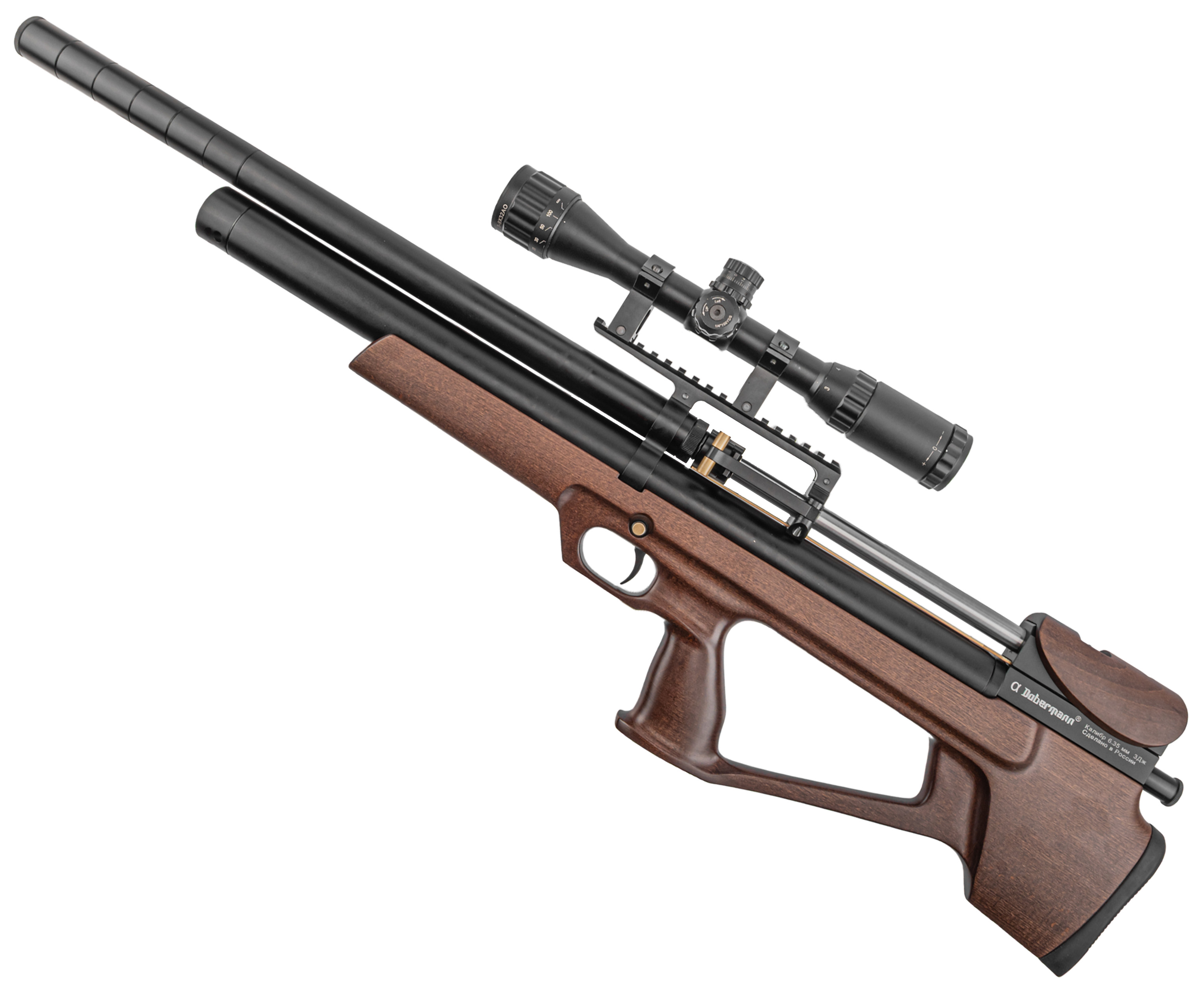 Пневматическая винтовка Alfa Dobermann Буллпап 6.35 мм (600 мм, полнотел, передний взвод, редуктор, дерево)