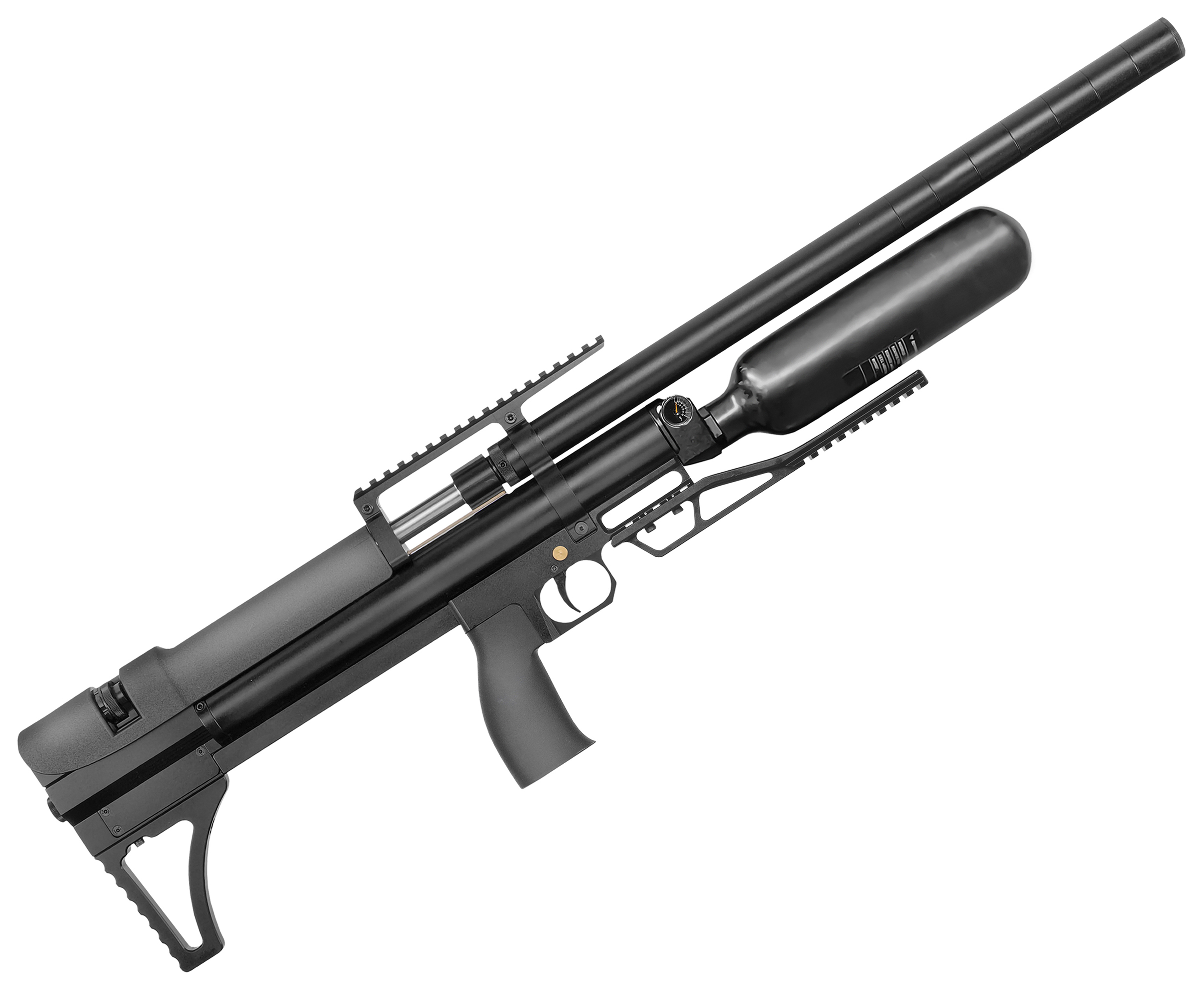 Пневматическая винтовка Alfa Dobermann Буллпап 6.35 мм (600 мм, прямоток, полигонал, под полнотел, модератор 29 мм, колба, передний взвод)