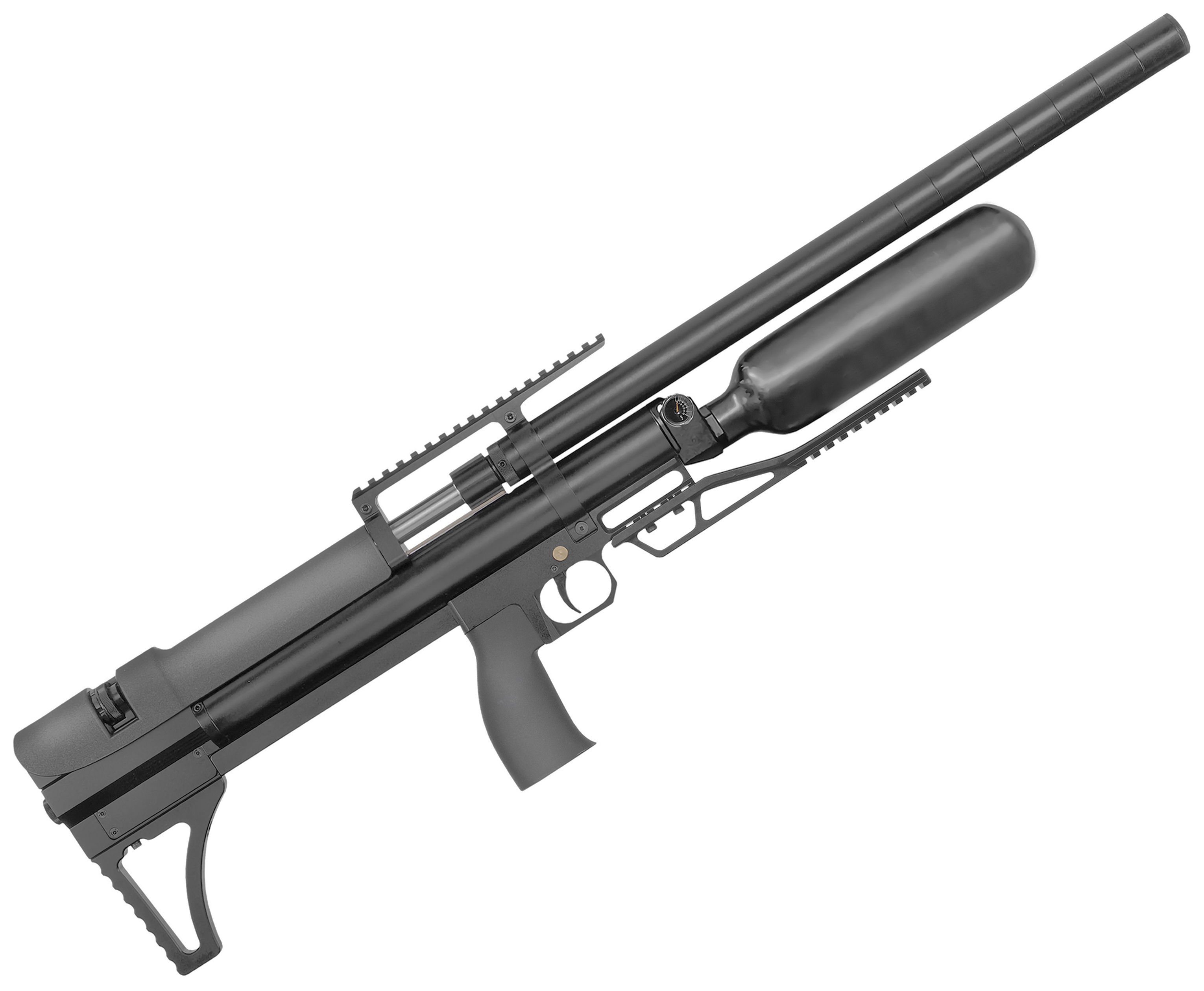 Пневматическая винтовка Alfa Dobermann Буллпап 6.35 мм (600 мм, редуктор, полигонал, под полнотел, модератор 29 мм, колба, передний взвод)