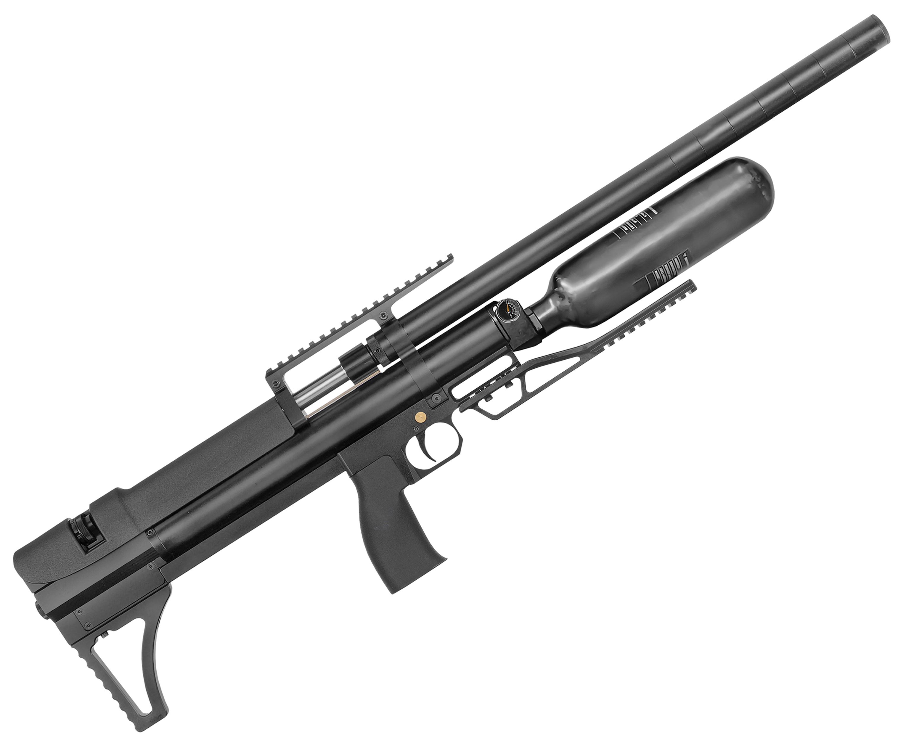 Пневматическая винтовка Alfa Dobermann Буллпап 6.35 мм (600 мм, редуктор, стандарт, под полнотел, модератор 29 мм, колба, передний взвод)