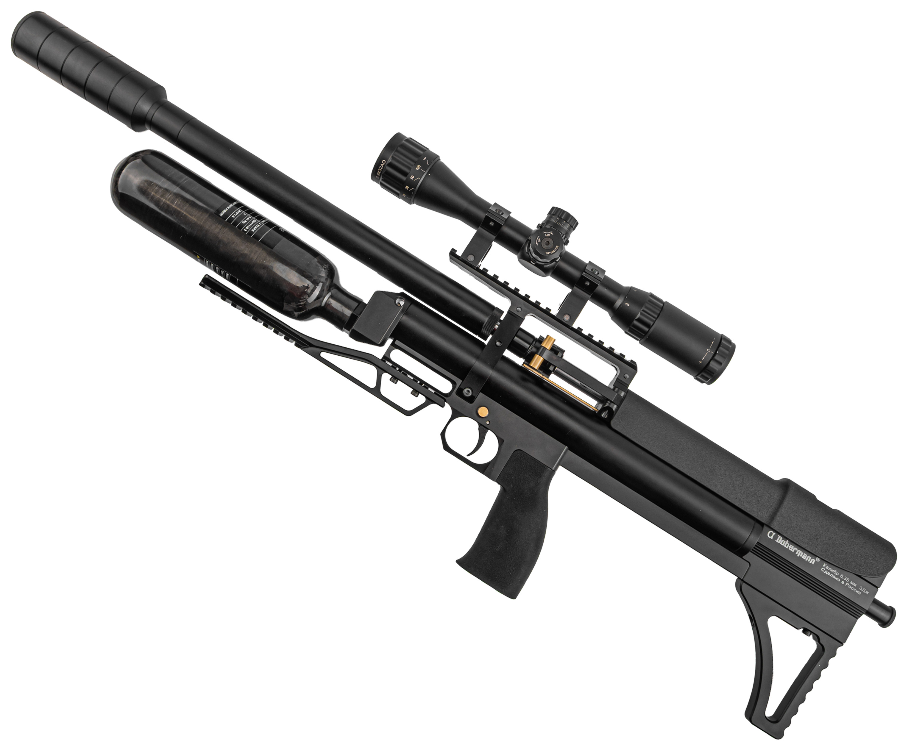 Пневматическая винтовка Alfa Dobermann Буллпап 6.35 мм (600 мм, редуктор, стандарт, под полнотел, модератор 44 мм, колба, передний взвод)