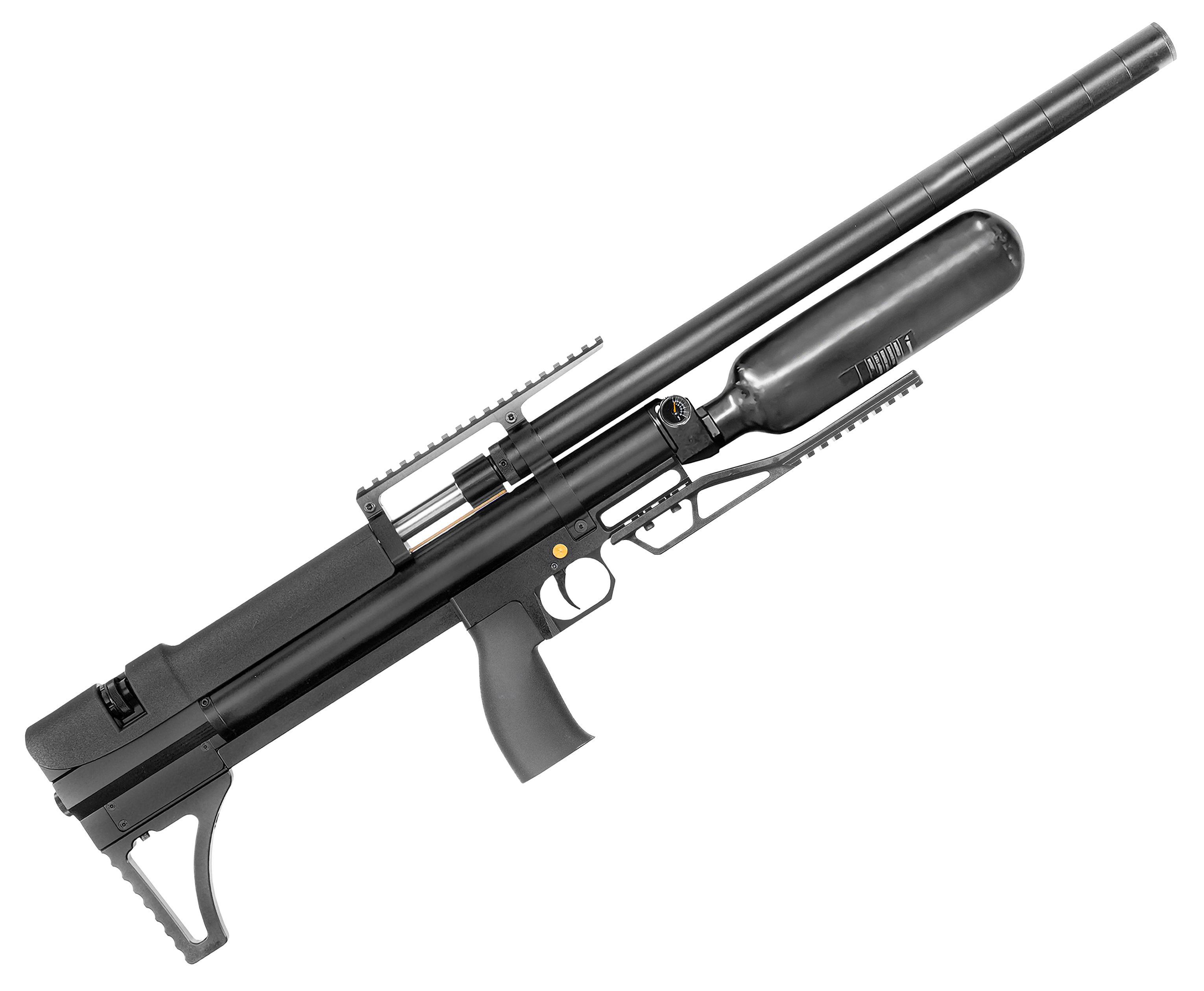 Пневматическая винтовка Alfa Dobermann Буллпап 6.35 мм (600 мм, прямоток, стандарт, модератор 29 мм, колба, передний взвод)