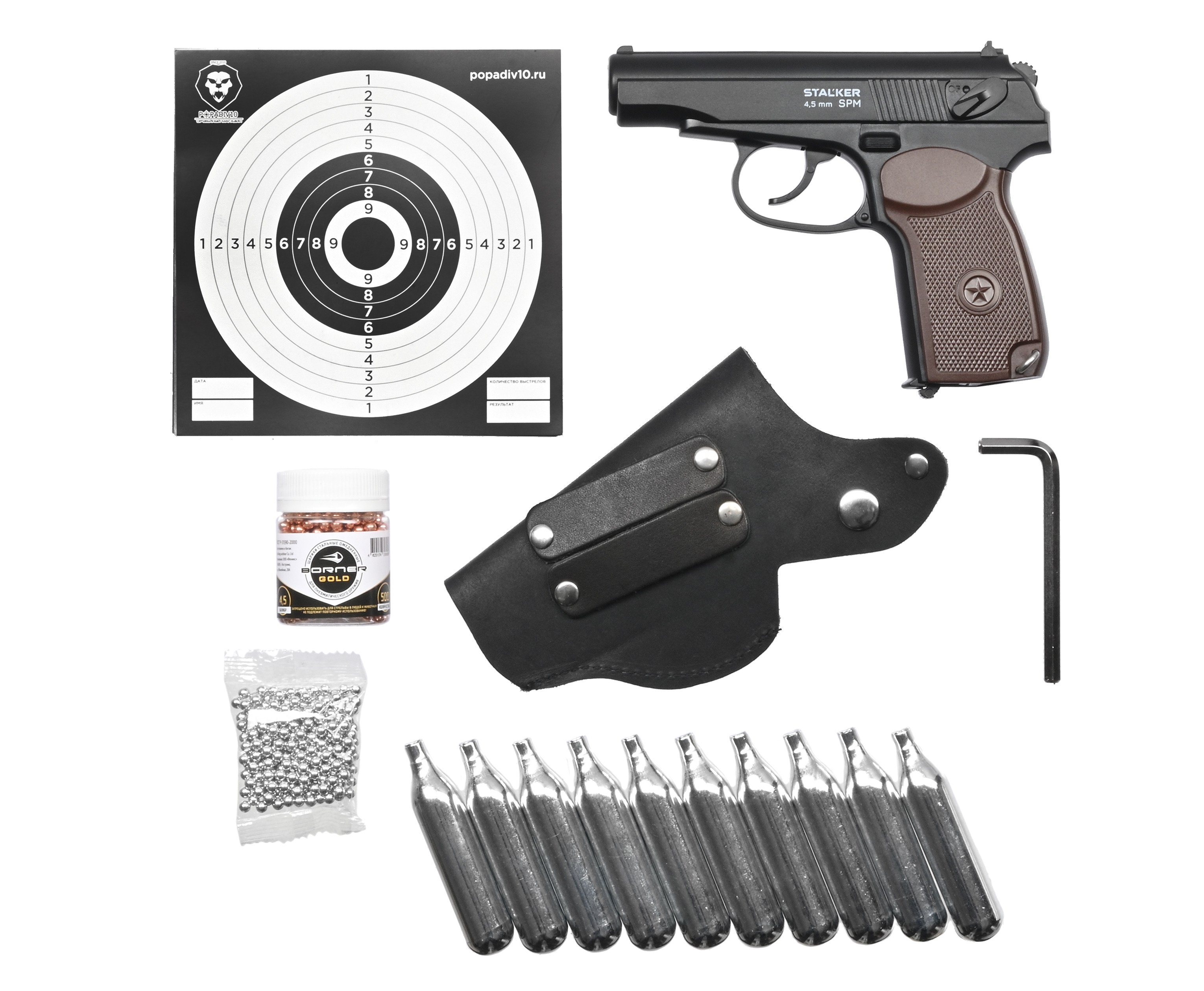 Пистолет Stalker SPM комплект Hunter подарочный №2 (4.5 мм, ПМ, Макаров, 10 баллончиков, 500 шариков, 50 мишеней, кобура поясная)