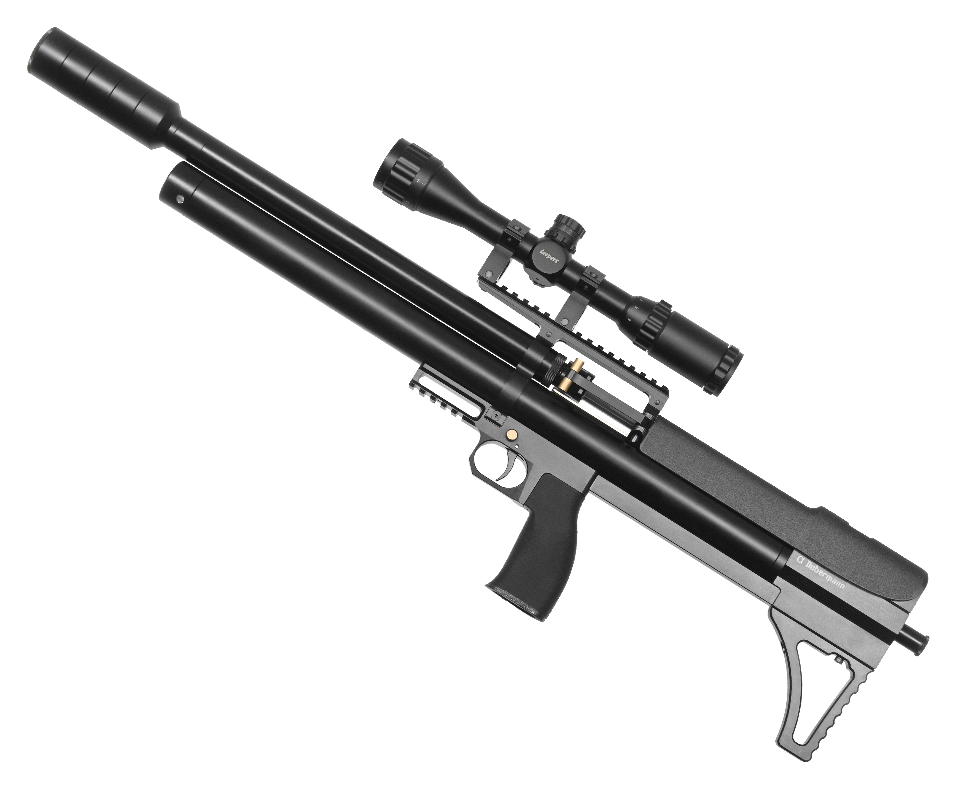 Пневматическая винтовка Alfa Dobermann БуллПап 6.35 мм (600 мм, прямоток, под полнотел, модератор 44 мм, передний взвод)