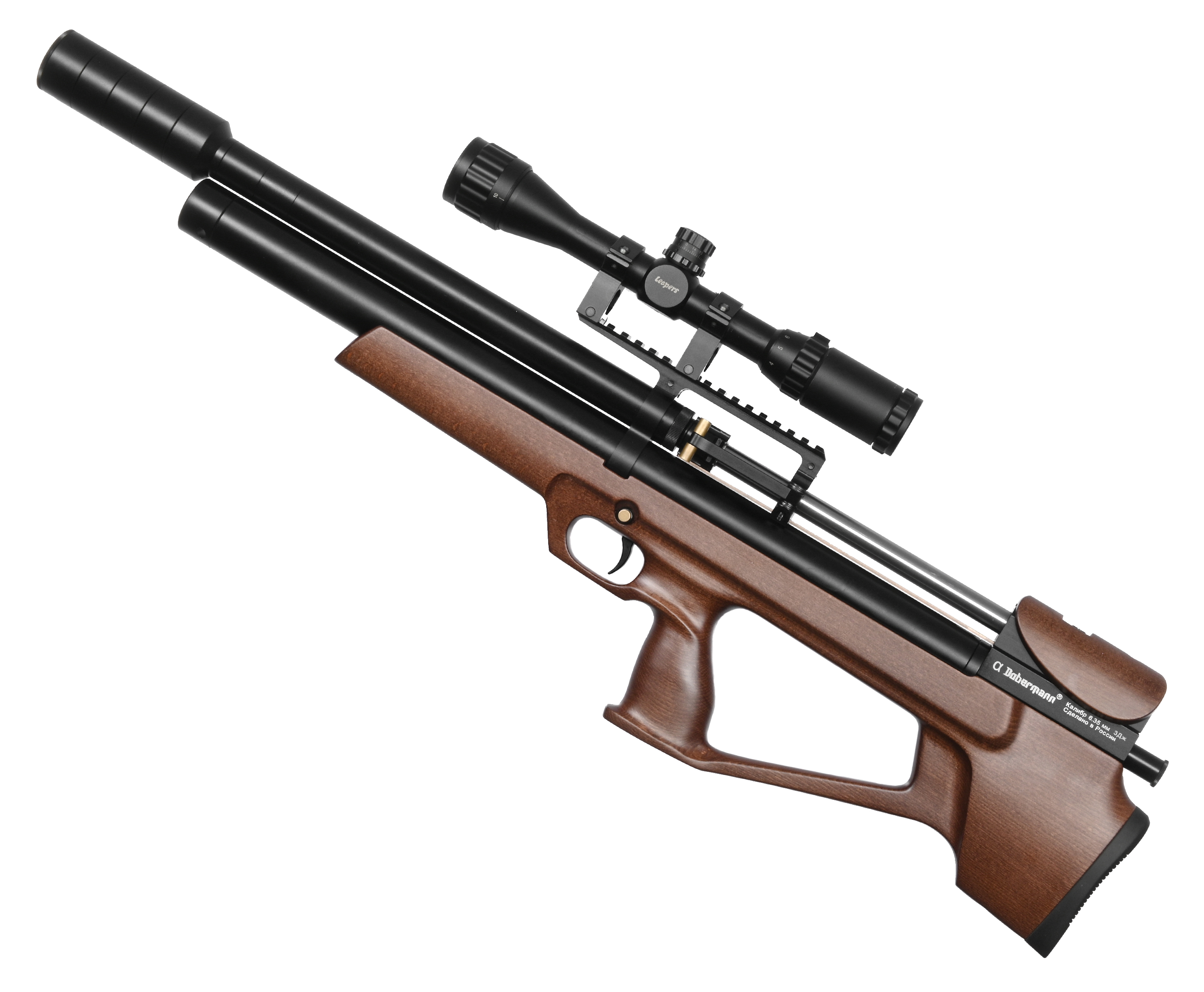 Пневматическая винтовка Alfa Dobermann Буллпап 6.35 мм (550 мм, прямоток, под полнотел, модератор 44 мм, передний взвод, дерево)