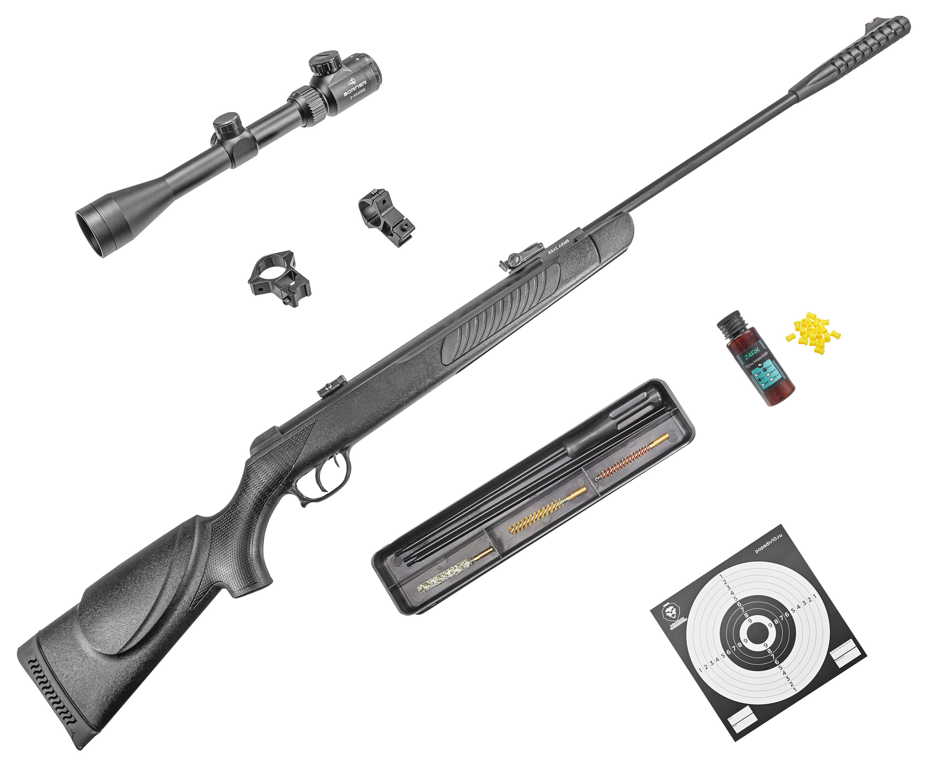 Пневматическая винтовка Kral Vega V-01 5.5 мм комплект Hunter №3 подарочный (прицел, кольца, набор для чистки, мишени, пули)