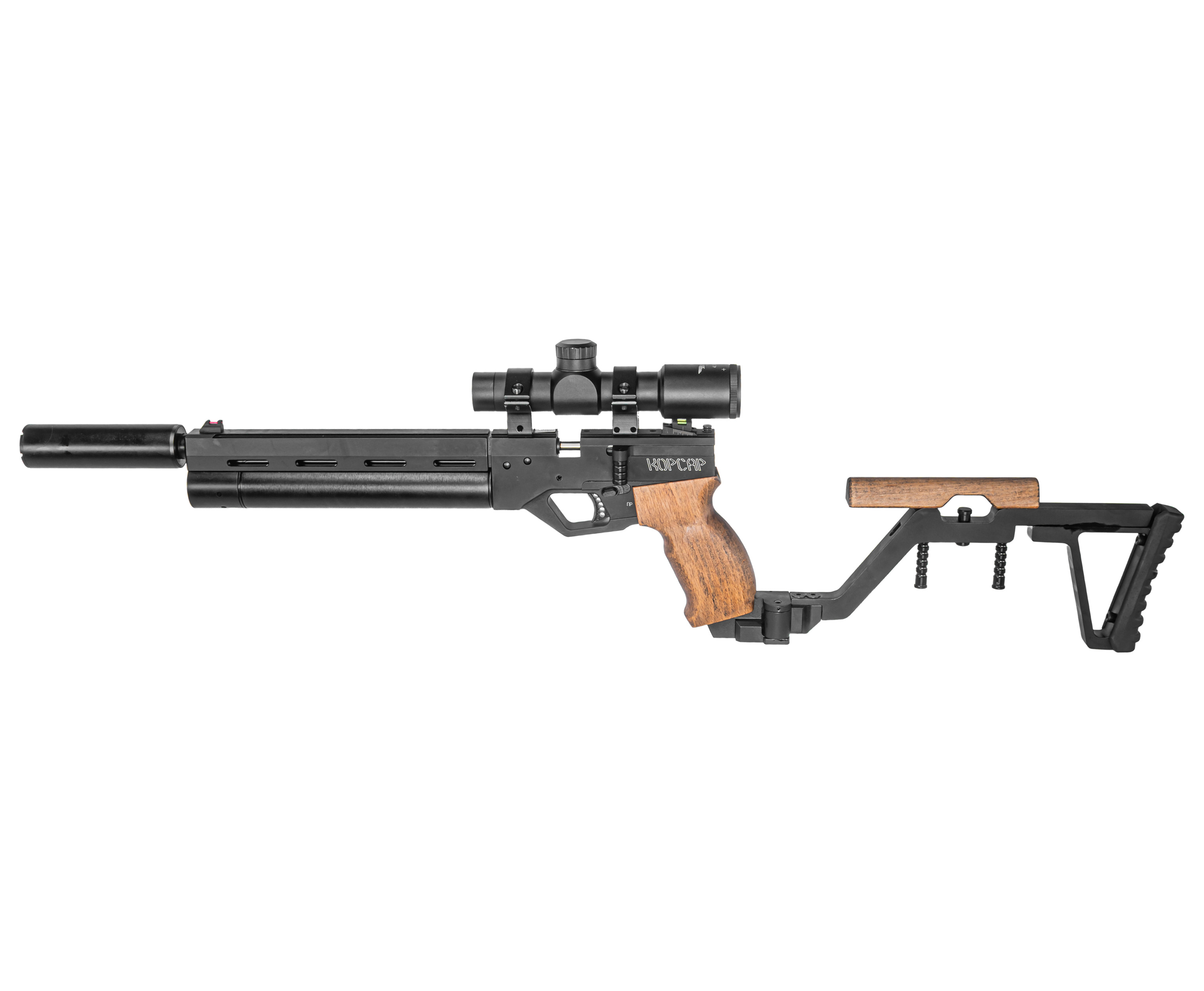 Пневматический пистолет Krugergun Корсар 6.35 мм (240 мм, D32, с манометром, приклад, дерево, редуктор)