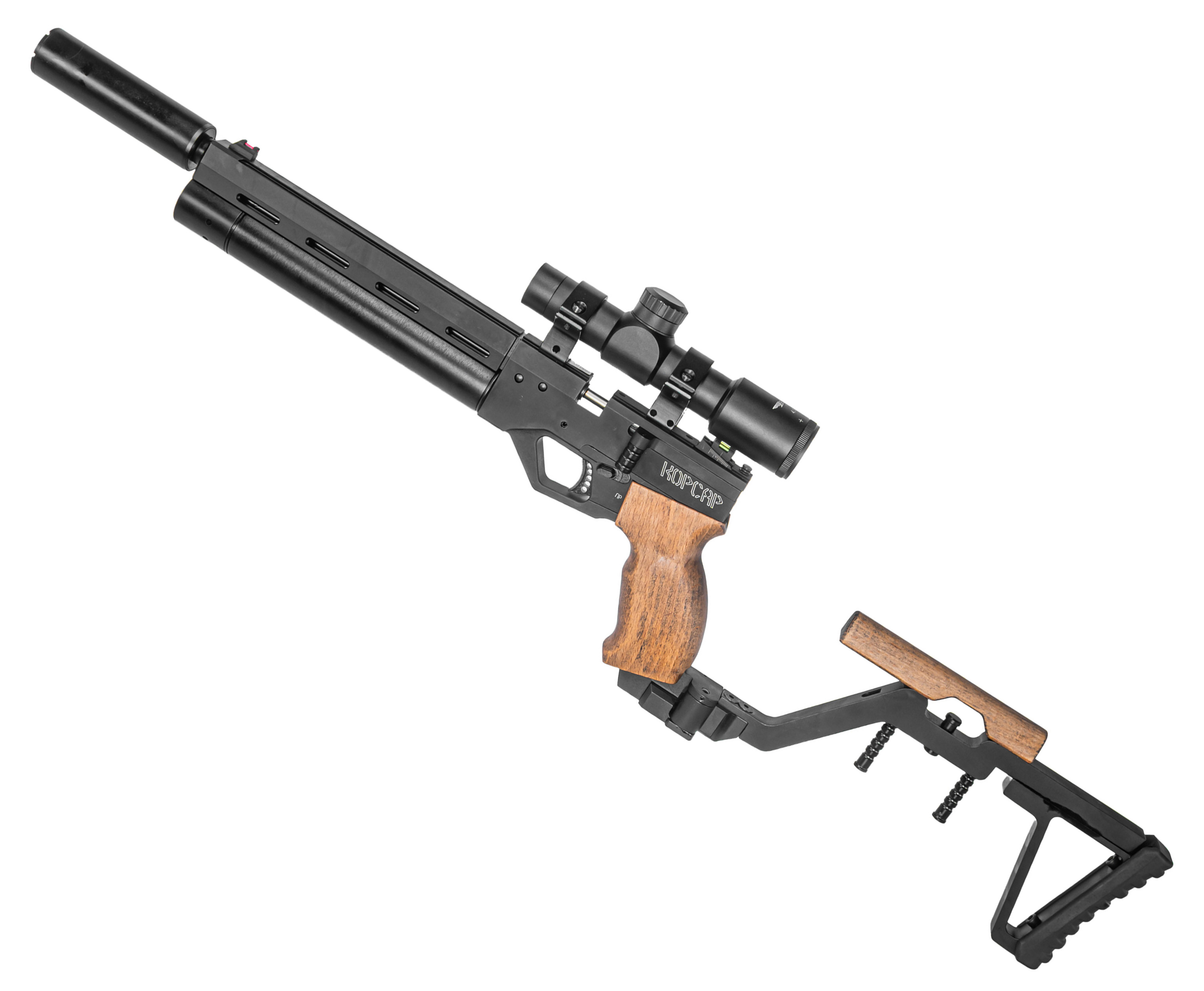 Пневматический пистолет Krugergun Корсар 6.35 мм (240 мм, D32, с манометром, приклад, дерево, редуктор)